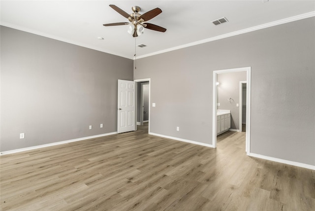 7500 Archer Way, Mckinney, TX 75072 - unfurnished bedroom featuring baseboards, crown molding, light wood-type flooring, connected bathroom, and a ceiling fan