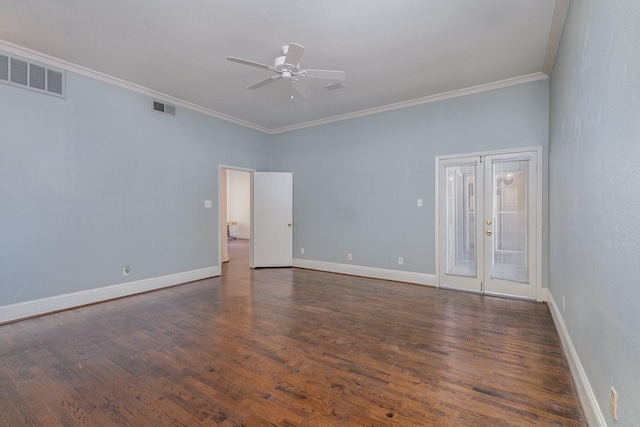 10416 High Hollows Dr Unit 232, Dallas, TX 75230 - unfurnished room featuring a ceiling fan, crown molding, wood finished floors, baseboards, and french doors