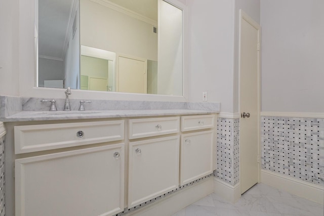10416 High Hollows Dr Unit 232, Dallas, TX 75230 - bathroom with vanity, marble look tiles, and crown molding