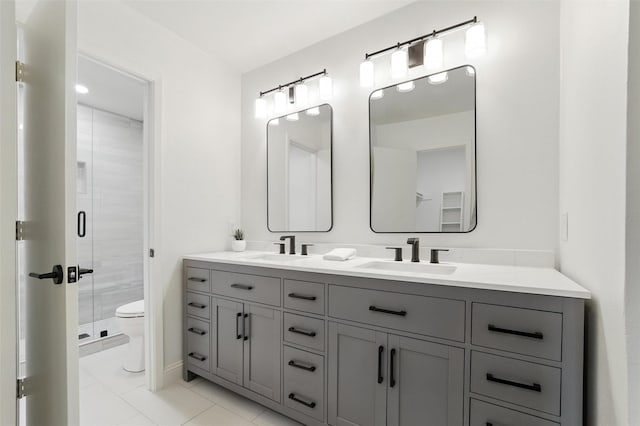 2428 Meadow Crk, Bedford, TX 76021 - bathroom featuring double vanity, a stall shower, and tile patterned flooring