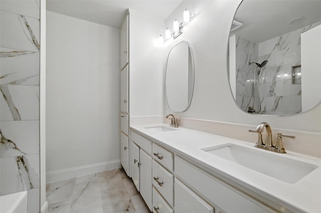 2428 Meadow Crk, Bedford, TX 76021 - bathroom with marble finish flooring, double vanity, and a marble finish shower