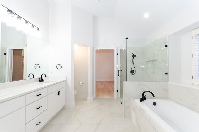 1106 Timbercreek Dr, Allen, TX 75002 - full bathroom with a garden tub, vanity, a marble finish shower, marble look tile flooring, and lofted ceiling