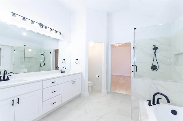 1106 Timbercreek Dr, Allen, TX 75002 - full bathroom with a marble finish shower, marble look tiles, double vanity, and a bathtub