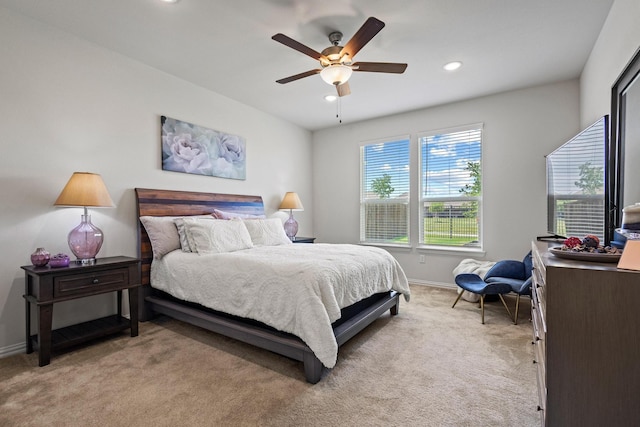 1021 Adelyn St, Anna, TX 75409 - bedroom with light carpet, baseboards, recessed lighting, and a ceiling fan