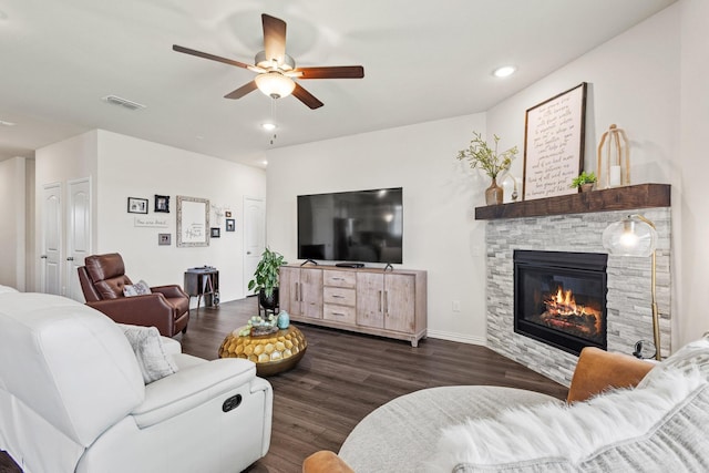 1021 Adelyn St, Anna, TX 75409 - living room featuring ceiling fan, wood finished floors, a fireplace, recessed lighting, and baseboards