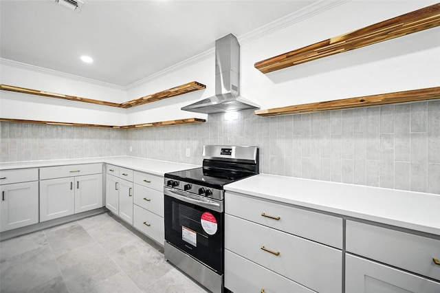 2005 Stacey Ct, Arlington, TX 76013 - kitchen featuring open shelves, stainless steel electric range, wall chimney range hood, crown molding, and tasteful backsplash