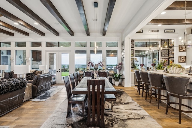 1001 Colina Vista Ln, Crowley, TX 76036 - dining area featuring beam ceiling, french doors, wood finished floors, and recessed lighting