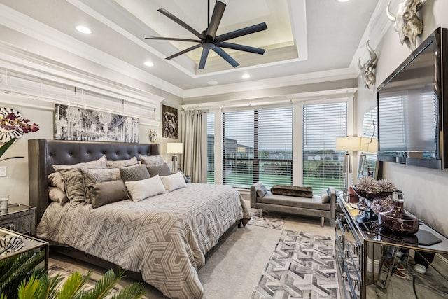 1001 Colina Vista Ln, Crowley, TX 76036 - bedroom featuring ornamental molding, a tray ceiling, recessed lighting, and a ceiling fan