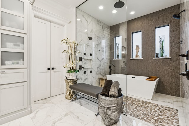 1001 Colina Vista Ln, Crowley, TX 76036 - full bathroom featuring a freestanding bath, a marble finish shower, marble tiled flooring, and recessed lighting