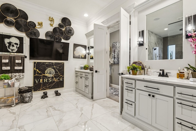 1001 Colina Vista Ln, Crowley, TX 76036 - bathroom featuring vanity, marble finish floors, ornamental molding, recessed lighting, and a shower
