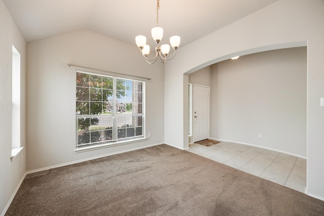 2133 Blakely Ct, Fort Worth, TX 76134 - empty room with arched walkways, light colored carpet, a chandelier, vaulted ceiling, and light tile patterned floors