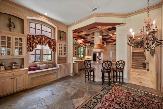 1524 Eastwick Ln, Plano, TX 75093 - dining room featuring coffered ceiling, dark stone finish floors, crown molding, stairway, and beamed ceiling