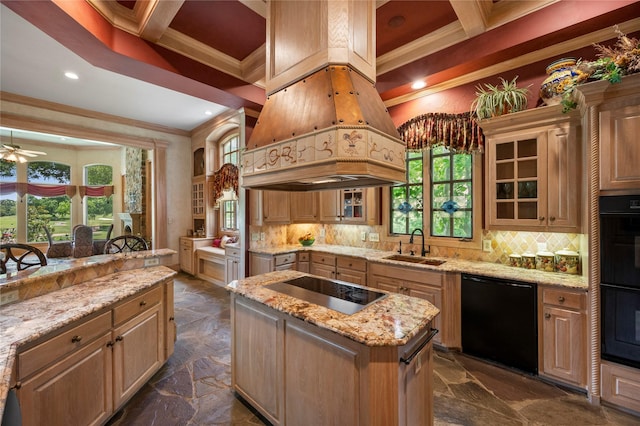 1524 Eastwick Ln, Plano, TX 75093 - kitchen featuring black appliances, ornamental molding, a sink, decorative backsplash, and a center island