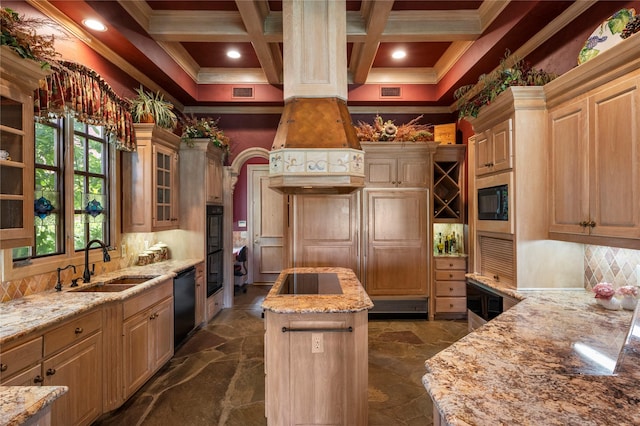 1524 Eastwick Ln, Plano, TX 75093 - kitchen featuring a sink, black appliances, crown molding, a kitchen island, and coffered ceiling