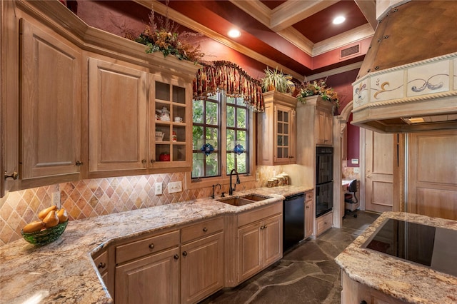 1524 Eastwick Ln, Plano, TX 75093 - kitchen with a sink, black appliances, ornamental molding, decorative backsplash, and light stone countertops