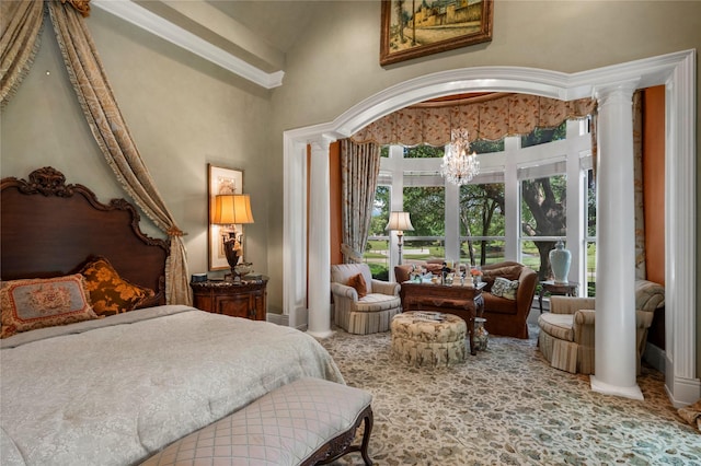 1524 Eastwick Ln, Plano, TX 75093 - carpeted bedroom with a chandelier, a towering ceiling, ornate columns, and baseboards