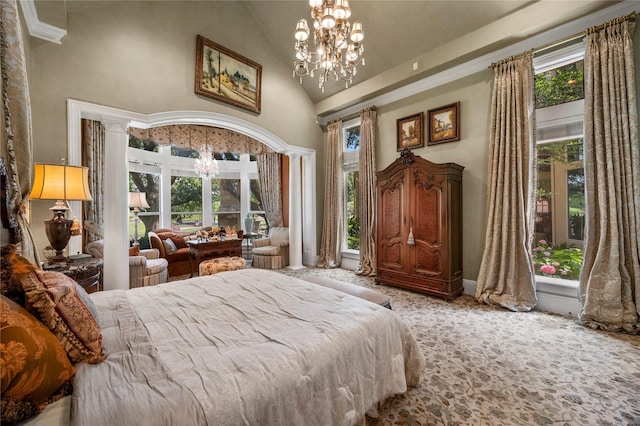 1524 Eastwick Ln, Plano, TX 75093 - bedroom with high vaulted ceiling, multiple windows, a chandelier, carpet floors, and baseboards