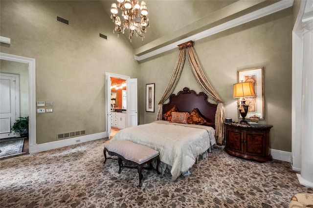 1524 Eastwick Ln, Plano, TX 75093 - bedroom with carpet floors, baseboards, a chandelier, high vaulted ceiling, and ensuite bath