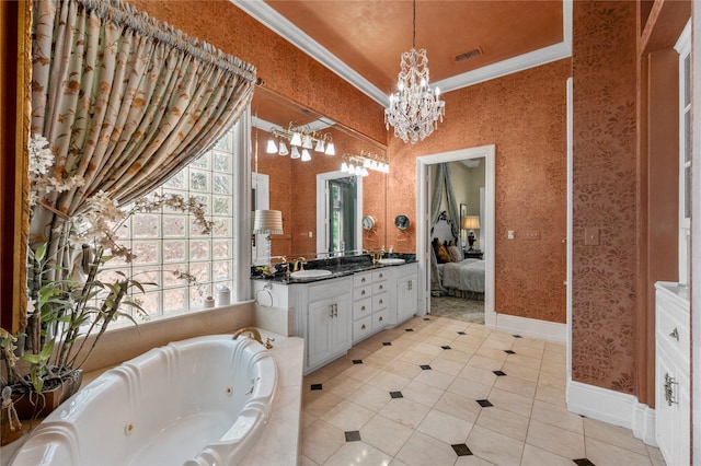 1524 Eastwick Ln, Plano, TX 75093 - ensuite bathroom with crown molding, a chandelier, vanity, a tub with jets, and baseboards