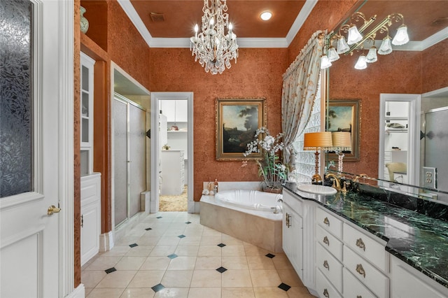 1524 Eastwick Ln, Plano, TX 75093 - bathroom featuring a chandelier, tile patterned floors, a shower stall, vanity, and crown molding
