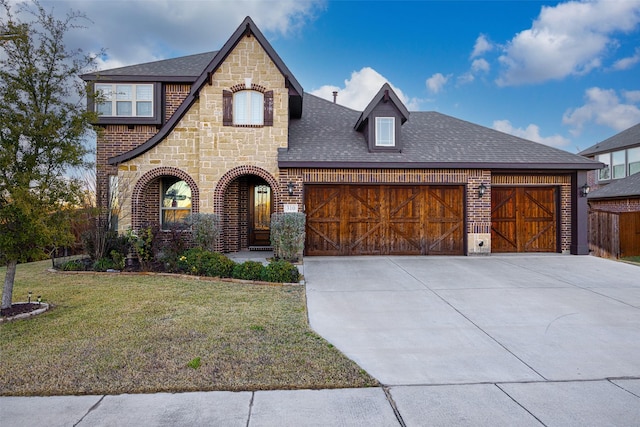 310 Hawthorn Dr, Wylie, TX 75098 - view of front of home featuring stone siding, a garage, a front lawn, driveway, and brick siding