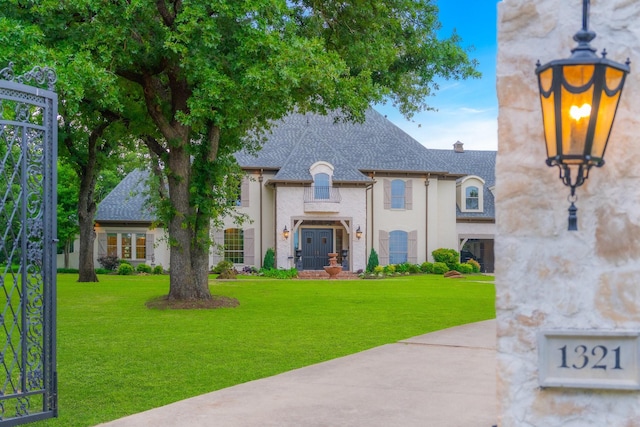 1321 Bridle Bit Rd, Bartonville, TX 75022 - french country home with a shingled roof, a front yard, and stucco siding