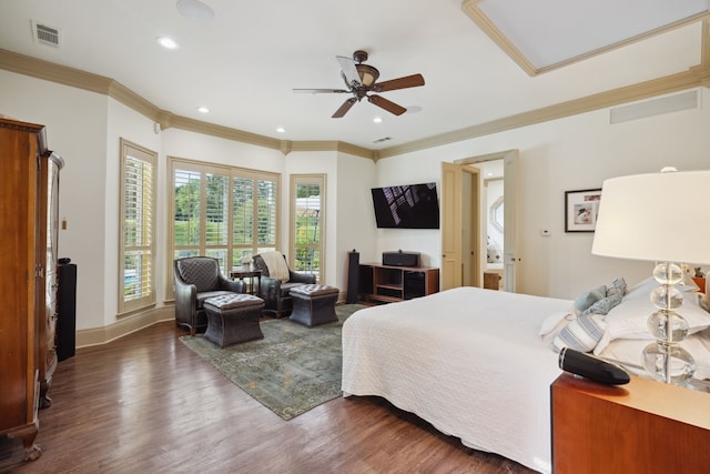 508 Moraine Way, Heath, TX 75032 - bedroom with ornamental molding, wood finished floors, recessed lighting, and ceiling fan