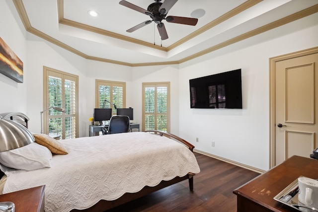 508 Moraine Way, Heath, TX 75032 - bedroom featuring a tray ceiling, crown molding, dark wood-style flooring, recessed lighting, and a desk
