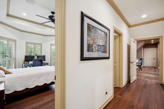 508 Moraine Way, Heath, TX 75032 - corridor with ornamental molding, dark wood-style flooring, an office area, and recessed lighting