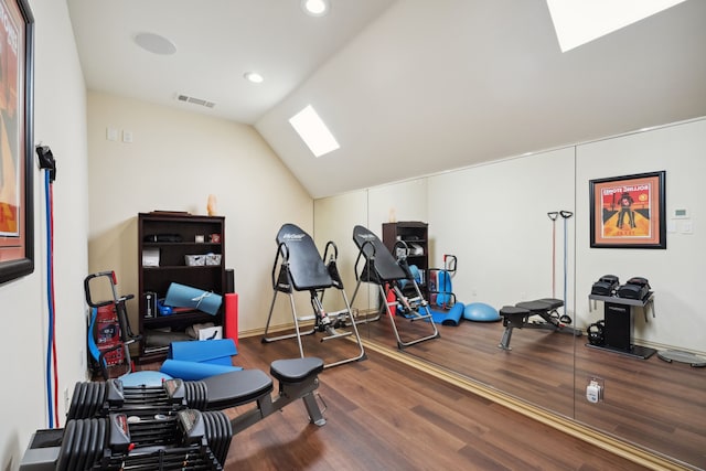 508 Moraine Way, Heath, TX 75032 - exercise area with a skylight, wood finished floors, recessed lighting, and lofted ceiling