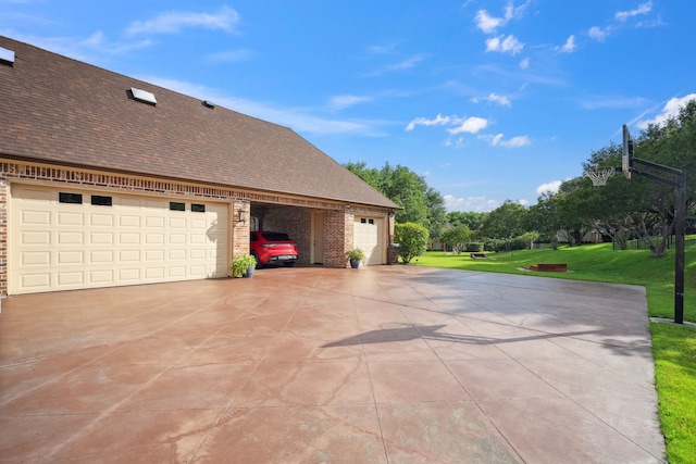 508 Moraine Way, Heath, TX 75032 - view of side of home with brick siding, a yard, roof with shingles, and concrete driveway