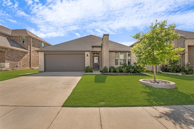 4007 Buckeye Bnd, Melissa, TX 75454 - view of front of property featuring a garage, concrete driveway, a front lawn, brick siding, and a chimney