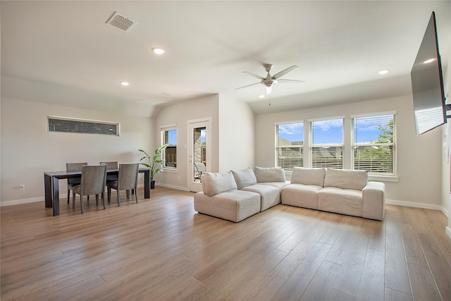 4007 Buckeye Bnd, Melissa, TX 75454 - living area featuring plenty of natural light, ceiling fan, baseboards, light wood-type flooring, and recessed lighting