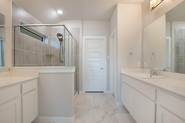 4007 Buckeye Bnd, Melissa, TX 75454 - bathroom featuring a shower stall, two vanities, marble look tiles, and recessed lighting