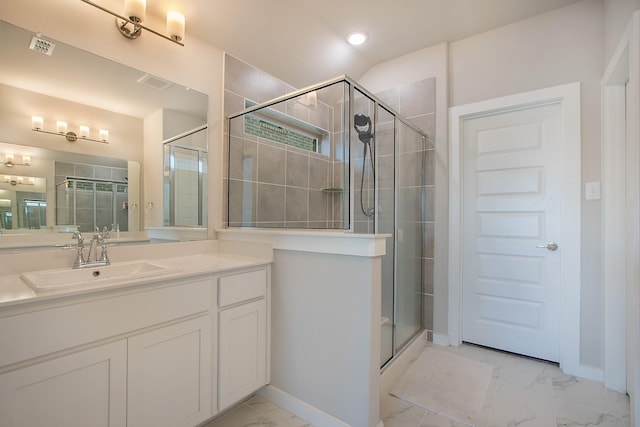 4007 Buckeye Bnd, Melissa, TX 75454 - bathroom with marble finish flooring, a stall shower, vanity, recessed lighting, and baseboards