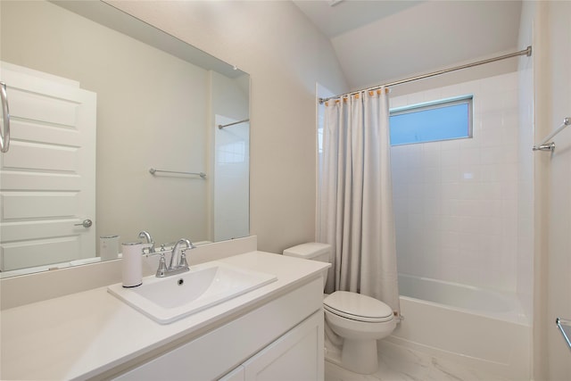 4007 Buckeye Bnd, Melissa, TX 75454 - bathroom featuring toilet, vanity, shower / bath combo, lofted ceiling, and marble finish floors