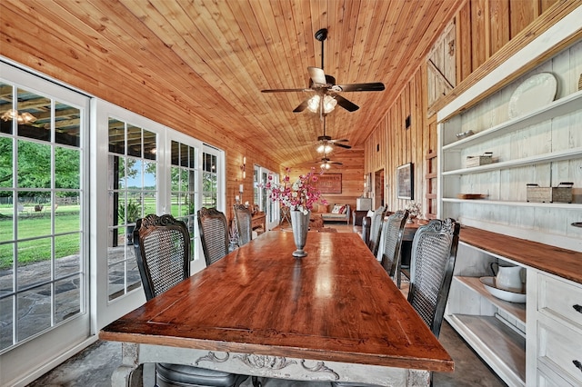 4920 County Road 179, Celina, TX 75009 - unfurnished dining area with a ceiling fan, wood ceiling, vaulted ceiling, and wood walls