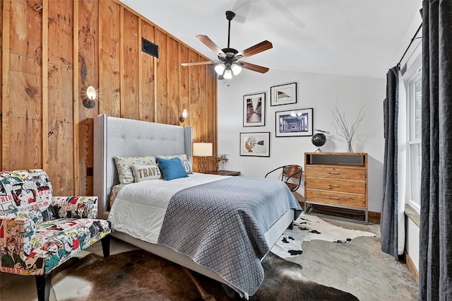 4920 County Road 179, Celina, TX 75009 - bedroom featuring vaulted ceiling, wood walls, and ceiling fan