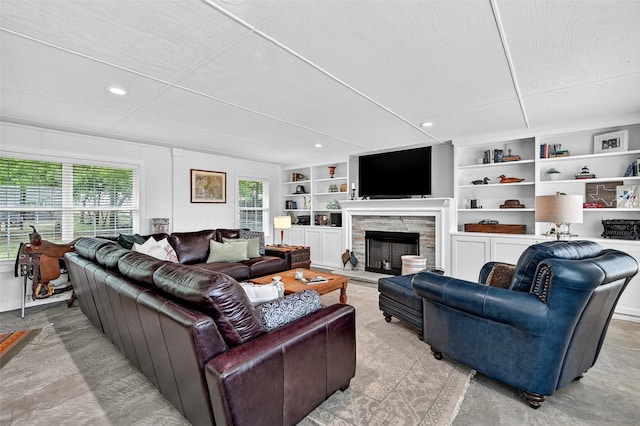 4920 County Road 179, Celina, TX 75009 - living room featuring a stone fireplace, recessed lighting, and built in features