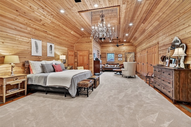 4920 County Road 179, Celina, TX 75009 - bedroom with wood ceiling, wooden walls, lofted ceiling, a chandelier, and recessed lighting