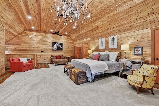 4920 County Road 179, Celina, TX 75009 - carpeted bedroom with lofted ceiling, wood walls, a chandelier, wooden ceiling, and recessed lighting