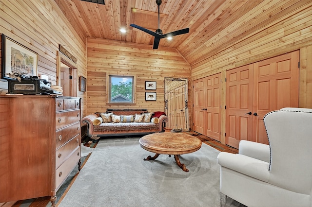 4920 County Road 179, Celina, TX 75009 - living room featuring wood ceiling, wooden walls, a ceiling fan, and lofted ceiling