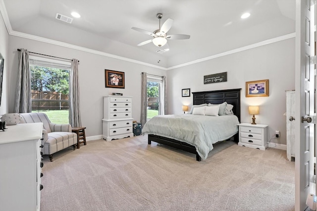 7431 Bald Cypress Dr, Ovilla, TX 75154 - bedroom featuring light colored carpet, multiple windows, crown molding, ceiling fan, and recessed lighting