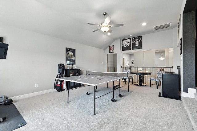 7431 Bald Cypress Dr, Ovilla, TX 75154 - game room featuring a ceiling fan, carpet, and lofted ceiling
