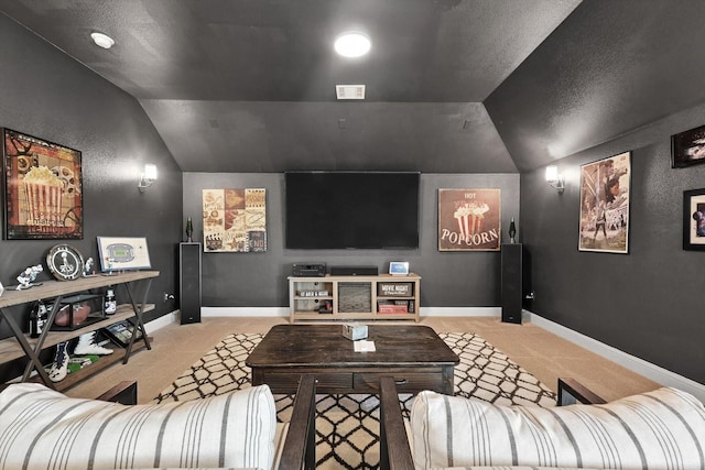 7431 Bald Cypress Dr, Ovilla, TX 75154 - home theater featuring vaulted ceiling and carpet