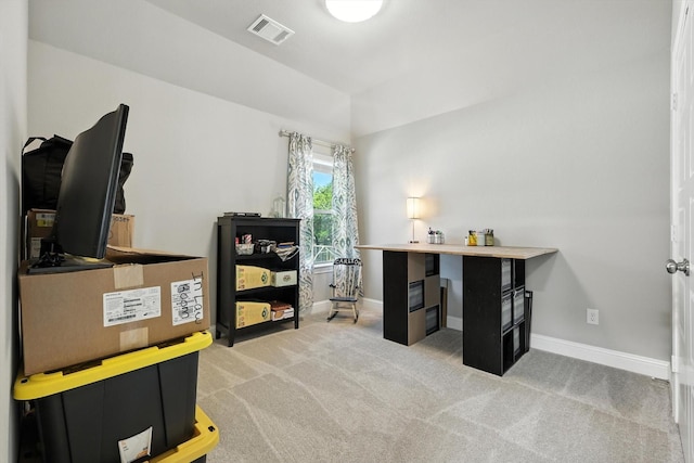 7431 Bald Cypress Dr, Ovilla, TX 75154 - carpeted office space featuring baseboards and vaulted ceiling