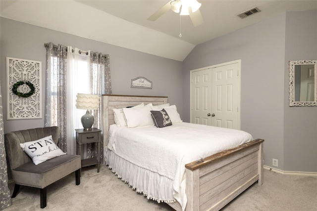 4405 Vista Meadows Dr, Fort Worth, TX 76244 - bedroom with light colored carpet, a closet, lofted ceiling, a ceiling fan, and baseboards