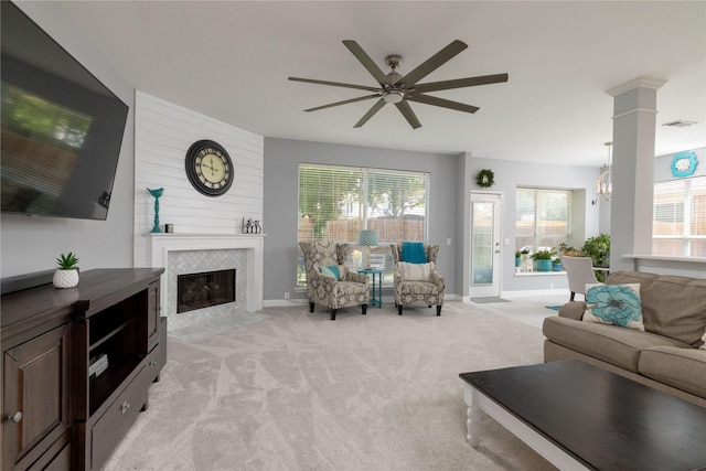 4405 Vista Meadows Dr, Fort Worth, TX 76244 - living room featuring ceiling fan, light colored carpet, a fireplace, and baseboards