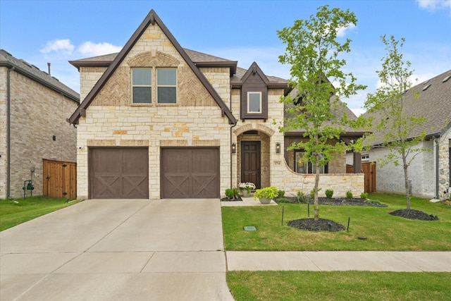 1714 Highwood Rd, Forney, TX 75126 - french provincial home featuring stone siding, concrete driveway, a front lawn, a garage, and a shingled roof