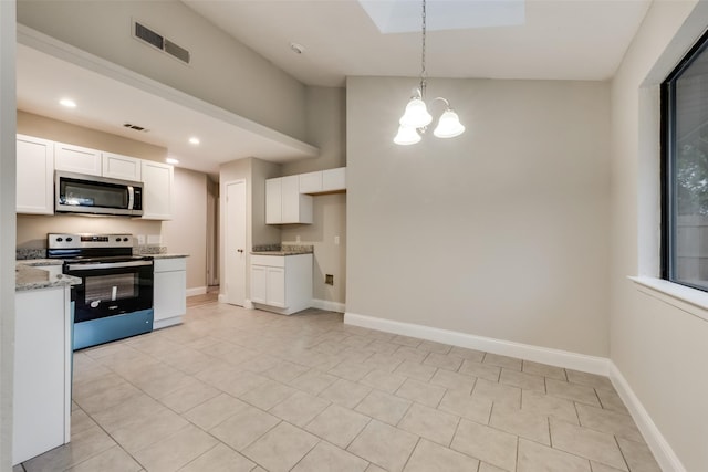 3301 Cliffview Dr, Corinth, TX 76210 - kitchen with stainless steel appliances, light stone counters, a chandelier, white cabinets, and decorative light fixtures